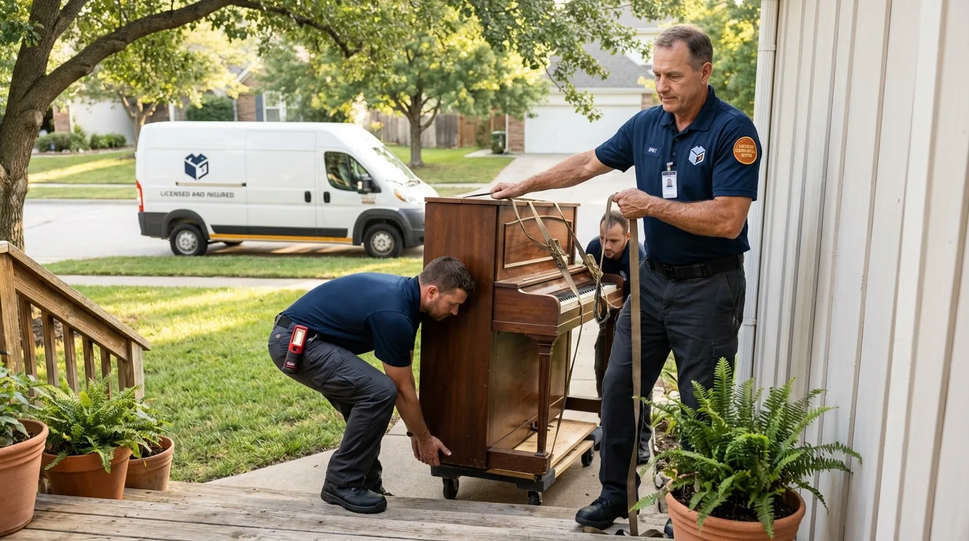 Licensed piano movers securing grand piano in Kenner, LA