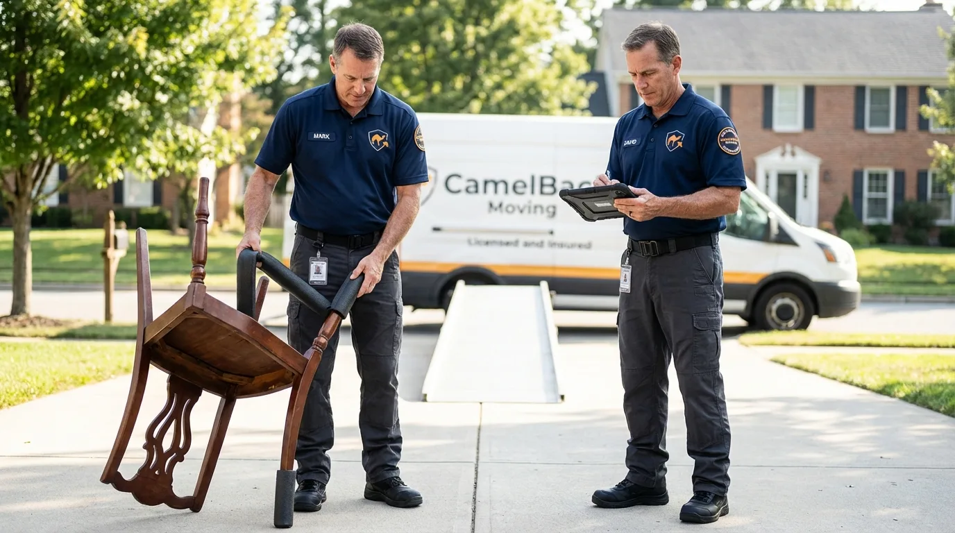 Movers inspecting furniture for damage prevention before loading in Kenner, LA
