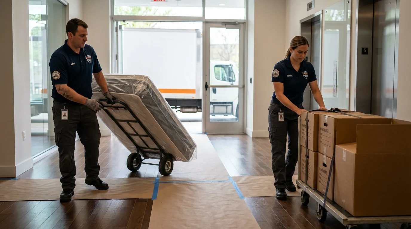 Professional apartment movers loading elevator in Kenner, LA